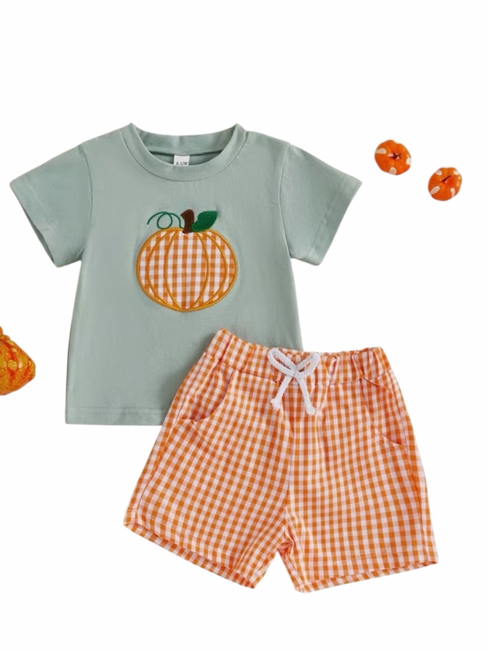 ๐ Pumpkin Applique Shorts Set in Sage Green & Orange Gingham NWT - Picture 2 of 6